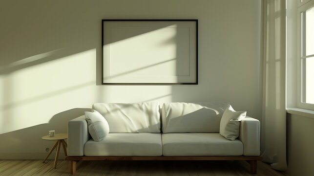a realistic AI image of a living room with a white background, emphasizing a mockup frame and an isolated sofa attractive look