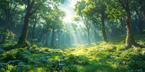 Fototapeta na wymiar a green forest with tall trees and sunlight filtering through the leaves, banner natural landscape. sun rays through the forest, sun beams in green forest background.