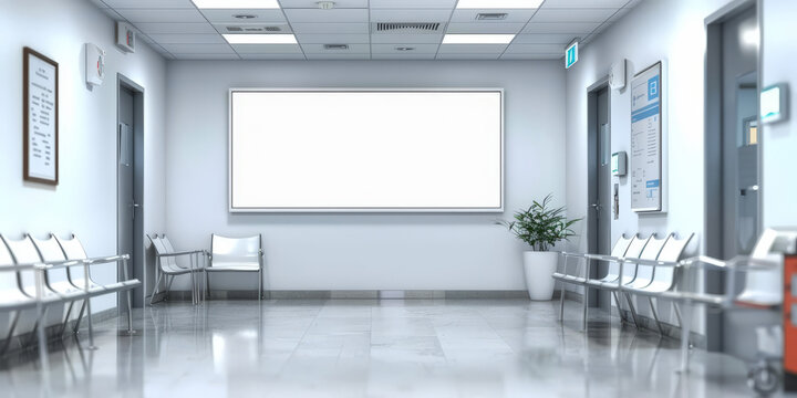 A mockup of an empty white poster on the wall in modern hospital waiting room with comfortable chairs and medical equipment. empty white blank poster on  white wall in hospital, white board 