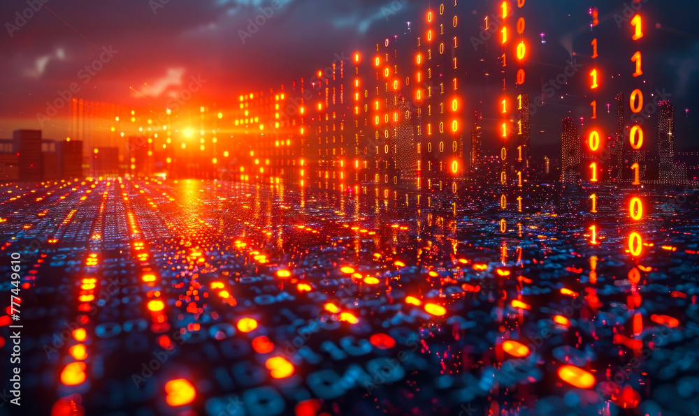 Poster digital fortress constructed from binary data streams, representing the impenetrable security and pr