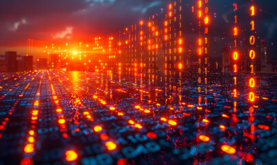 Obraz premium Digital fortress constructed from binary data streams, representing the impenetrable security and protection of sensitive information and assets in digital realm, cybersecurity and data privacy