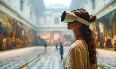 Immersive virtual reality experience allowing visitors to explore & appreciate art masterpieces in a digital museum gallery, blending physical and virtual worlds for an innovative cultural engagement