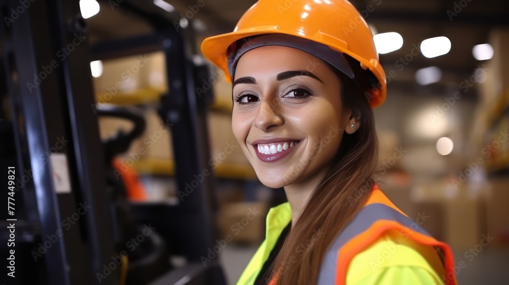 Wall mural women labor worker at forklift driver position with safety suit and helmet happy enjoy working in in