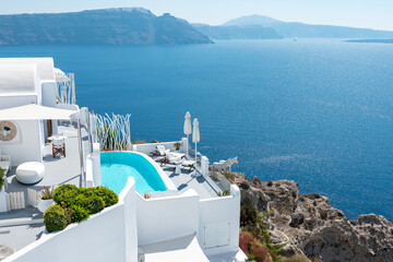 View of Oia town with white houses on Santorini island. Greece. - obrazy, fototapety, plakaty