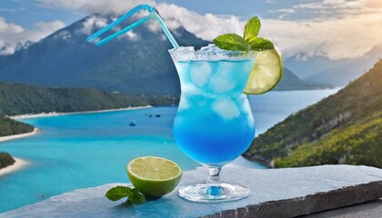 Rafraîchissement tropical dans un verre : Le mojito glacé, mélange pétillant de saveurs estivales avec son zeste de citron vert, son éclat de menthe fraîche et sa touche de jus fruité, une oasis de fr - obrazy, fototapety, plakaty