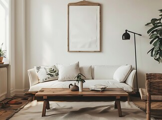 Photo of a Scandinavian living room with white walls, wooden furniture and posters on the wall