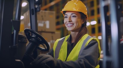 Women labor worker at forklift driver position with safety suit and helmet happy enjoy working in industry factory logistic shipping warehouse. - obrazy, fototapety, plakaty