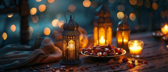 Decorative Arabic lanterns glowing at night. Date fruit on a plate. Festive greeting card, invitation to Muslim holy month Ramadan Kareem. Iftar dinner backdrop.