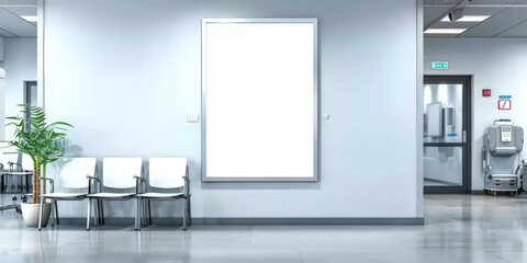 A mockup of an empty white poster on the wall in modern hospital waiting room with comfortable chairs and medical equipment. empty white blank poster on  white wall in hospital, white board  - obrazy, fototapety, plakaty