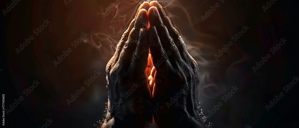 Sticker Power of hope or love and devotion in praying hands. Religious faith on dark background.