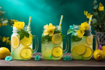 Homemade lemonade in mason jars with ice and lemon slices for a refreshing summer drink - obrazy, fototapety, plakaty
