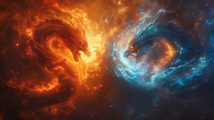 Two majestic dragons representing fire and ice locked in an eternal battle, rendered in a fantastical, artistic style - obrazy, fototapety, plakaty