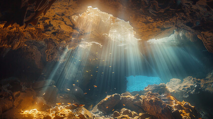 Sunbeams pour into an underwater cave, creating a mystical atmosphere as tiny fish swim around the rocky formations, highlighting the ocean's hidden beauty