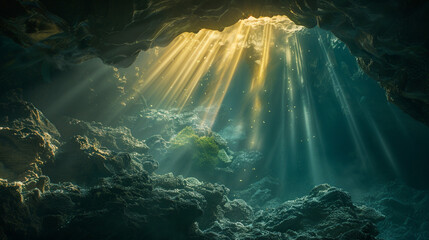  Sunbeams pour into an underwater cave, creating a mystical atmosphere as tiny fish swim around the rocky formations, highlighting the ocean's hidden beauty - obrazy, fototapety, plakaty