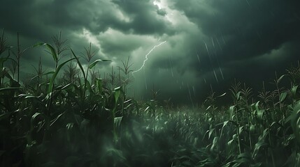 a realistic depiction of a corn field amidst a storm using AI, showcasing the resilience of the crops against the backdrop of a threatening sky attractive look - obrazy, fototapety, plakaty