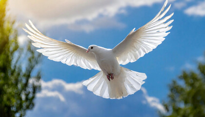 White dove flying in the blue sky