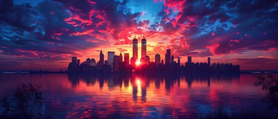 Zelfklevend Fotobehang New York skyline silhouette with Twin Towers and USA flag at sunset. American Patriot Day banner, labor day, independent day, memorial day, USA international day, USA flag, 4th of July, Ai © PixxStudio