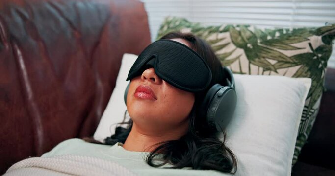Psilocybin therapy, medicine and woman with headphones and eye mask for depression, anxiety and sleep. Mental health, counseling and person for wellness, psychedelic treatment and micro-dosing