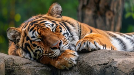 Siberian Tiger sleeping on the rock in the zoo