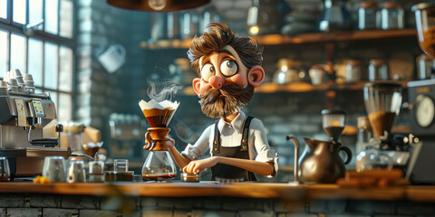 Cartoon man in apron making coffee at counter of cozy coffee shop with espresso machine and cups - obrazy, fototapety, plakaty