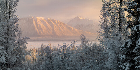 Chugach mountains at sunset in winter