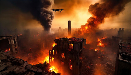 The abandoned city is burning in flames