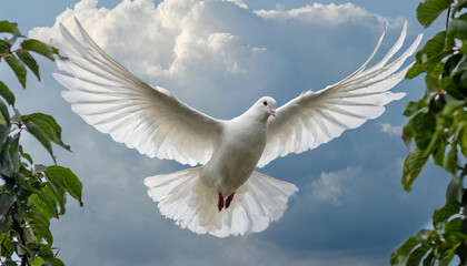 White dove flying in the blue sky