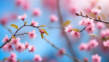 Close-up of pink cherry blossoms with green leaves against a soft-focus blue sky background
