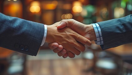 Two gentlemen in electric blue suits are exchanging a firm handshake at a formal event in a restaurant, their hands elegantly reaching out with natural gestures - obrazy, fototapety, plakaty