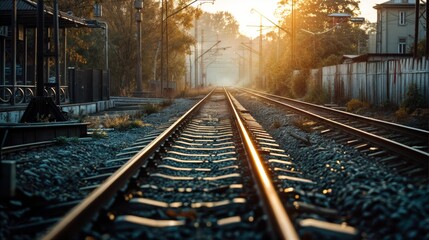 Obraz premium Railway in the rays of the setting sun. Shallow depth of field.