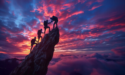 Help and teamwork concepts with silhouette of climbers helping each other reach the top of mountain - obrazy, fototapety, plakaty