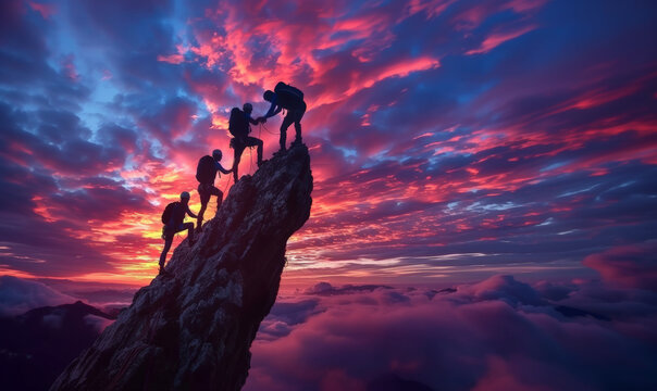 Help and teamwork concepts with silhouette of climbers helping each other reach the top of mountain