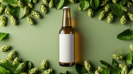 Top view of beer bottle with blank label laying down on green table surrounded by many hops.