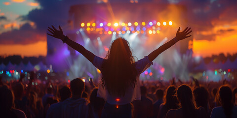 Silhouette of Girl enjoying the outdoor music festival concert