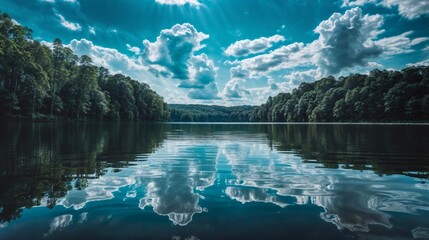 Reflection of clouds in the lake. Beautiful summer landscape with lake and forest.