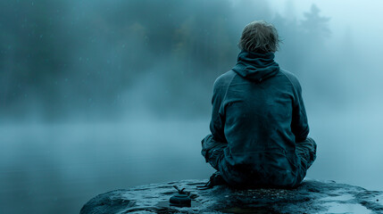 Meditation and spirituality concepts with man sitting on rock in front of lake in the rain