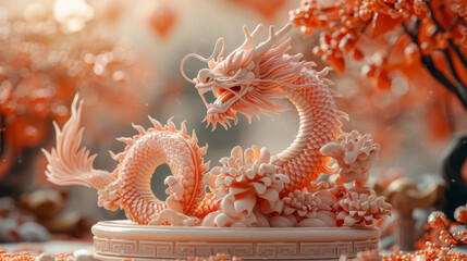 Obraz premium Chinese new year, year of the dragon banner template design with dragons, clouds and flowers background. Chinese translation: Dragon.