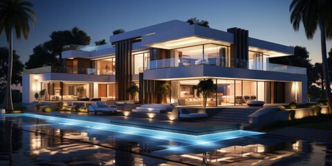Fototapeta premium Modern Luxury House With Front Pool Generative AI