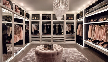 A modern and luxury wardrobe with many shoes inside, a high ceiling, mirror walls, a grey carpet on the floor, burgundy velvet armchairs, designer lights, photography. Generative AI