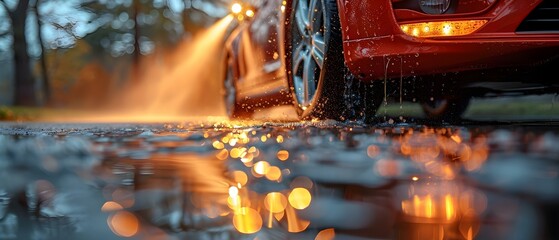 Photo of pressure washer spraying water to clean a car. Concept Car Wash, Pressure Washing, Vehicle Cleaning, Water Spray, Clean Automobile