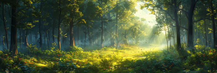 a green forest with tall trees and sunlight filtering through the leaves, banner natural landscape. sun rays through the forest, sun beams in green forest background. - obrazy, fototapety, plakaty