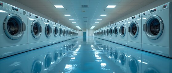 Modern laundromat with a row of washing machines. Concept Laundromat Interior, Washing Machines, Modern Design, Laundry Day - obrazy, fototapety, plakaty