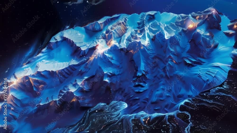 Poster explore a digitally created mountain scene set in the nighttime, showcasing detailed 3d rendering of