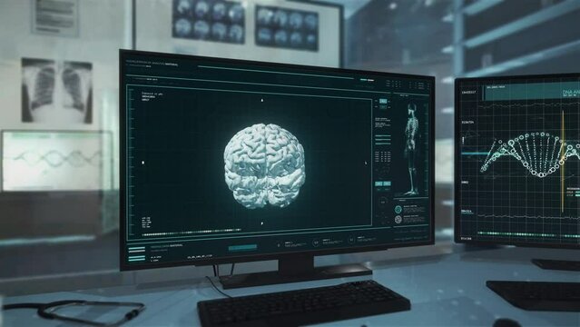 Modern system is scanning the brain of the sick person. Medical system is processing the brain scan data. Medical system detects the cancerous tumor after the mri scan of the human brain. Health Care.