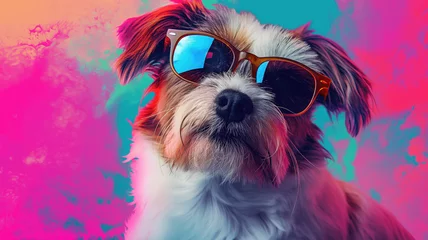 Rolgordijnen cool dog with sunglass in a stunning background ultra realistic Generative AI   © Pavithiran