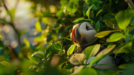 A curious puffin peeking out from behind a cluster of vibrant green foliage, with a softly blurred seascape stretching out in the background