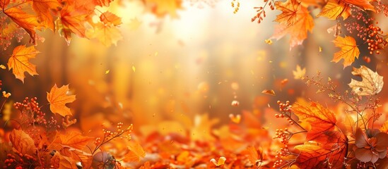 Naklejka na ściany i meble Beautiful orange and yellow autumn leaves banner background. fallen maple leaves