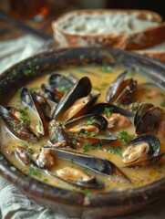 Fototapeta premium A sumptuous bowl of Conwy mussels in cider, served with crusty bread, a treat for seafood lovers.