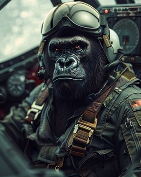 a gorilla pilot in the cockpit of an F5 fighter jet, wearing helmet and flight suit, angry expression, photo realistic, shot with Sony Alpha A7 III , realistic image