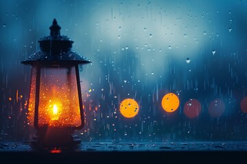 An old lantern glows against a frosty window, the warmth inside contrasting with the blue dusk outside.